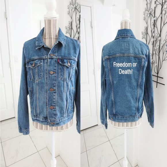 Levi's Other - Levi's FREEDOM or DEATH Embroidered Trucker Blue Jean Denim Jacket  L  M Unisex